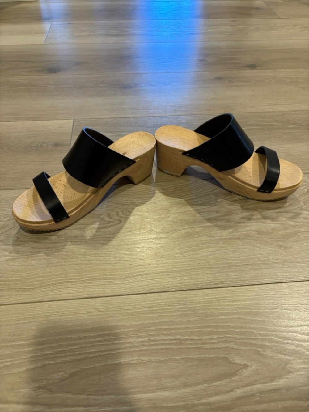 Anthropologie Black Leather Two-Band Wooden Clog Sandals - Picture 2 of 10